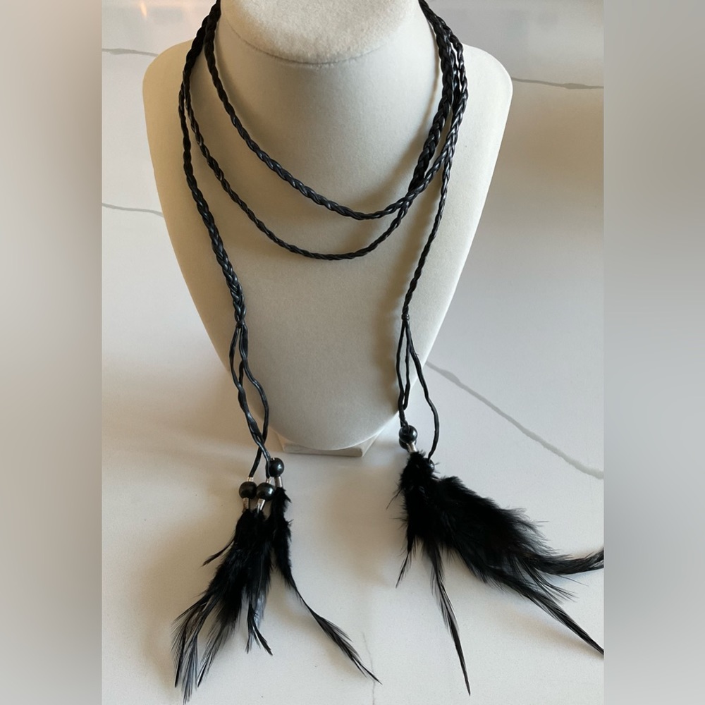 Black Feather Lariat Necklace - Women Jewelry